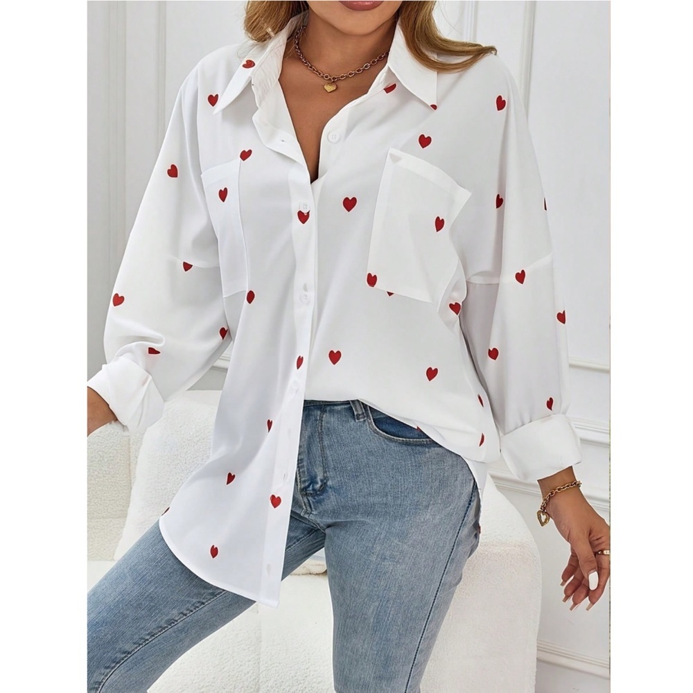White Casual Shirt Red Hearts Printed Button Down Up Long Sleeve